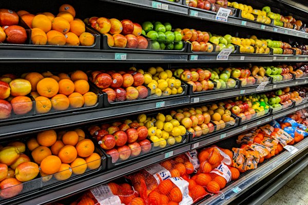 Shelves of fresh fruit in a grocery store